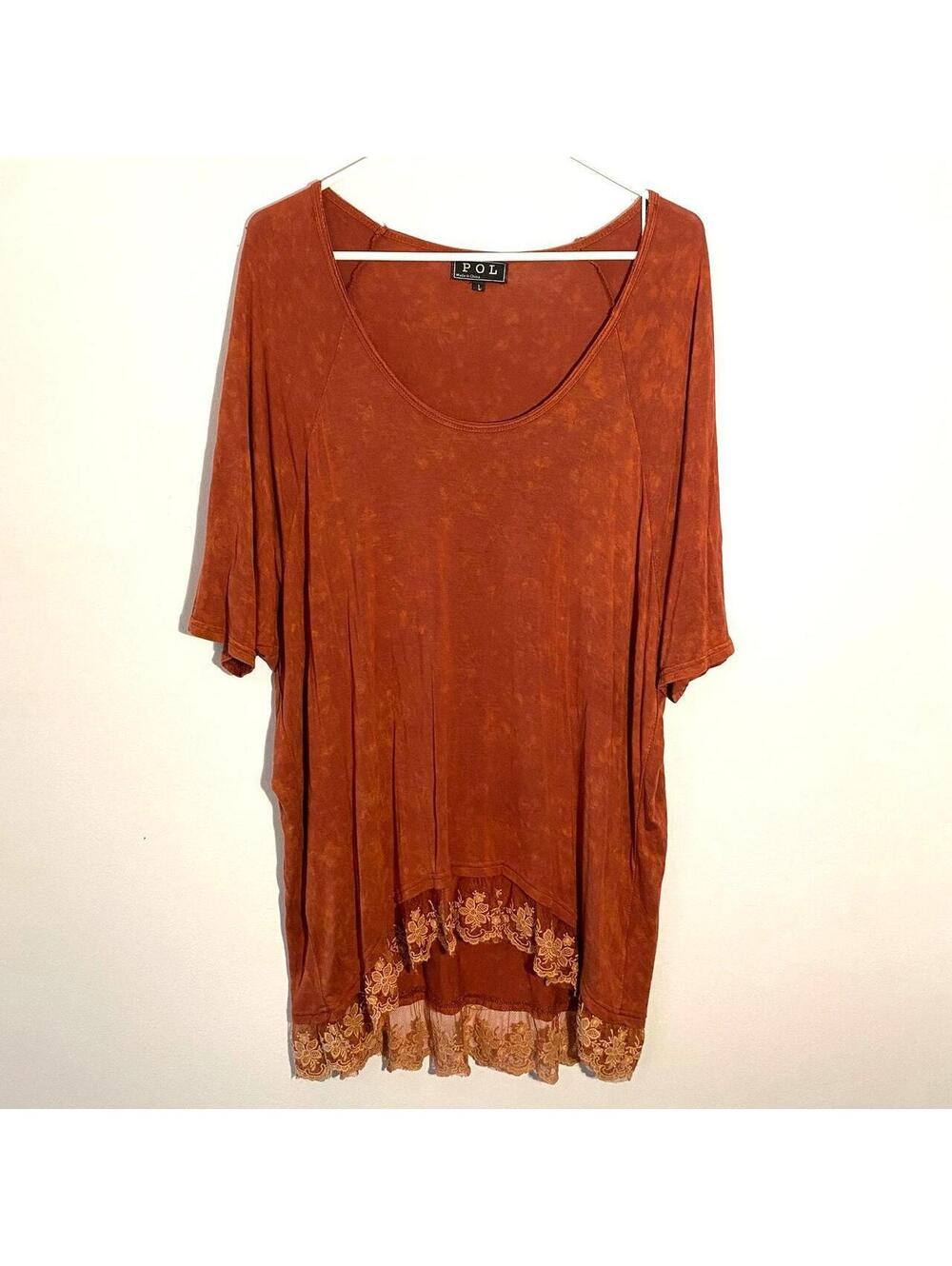 POL Rust Orange Mineral Wash Oversized Tunic Top, Lace Trim, Boho